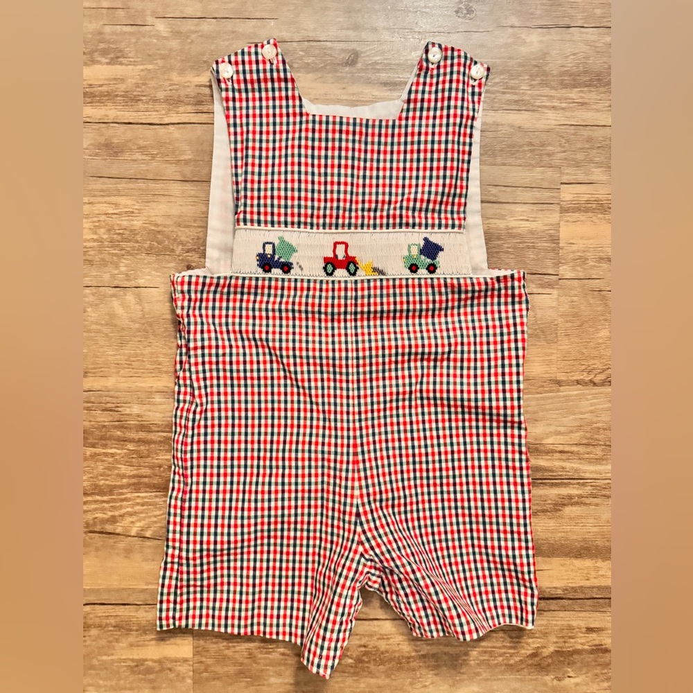 Anavini Construction Vehicle Hand Smocked Shortall Jon Jon size 12 months